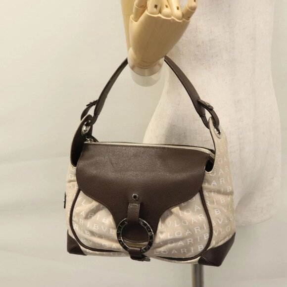 BVLGARI Hand Bag Canvas Leather Beige Brown Silver Auth 113142
